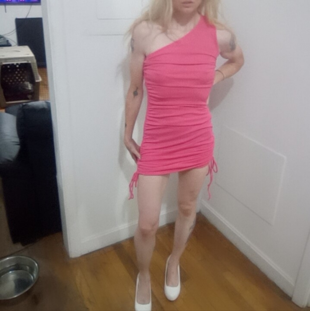 One shoulder neon pink sleeveless ruched mini dress adjustable length